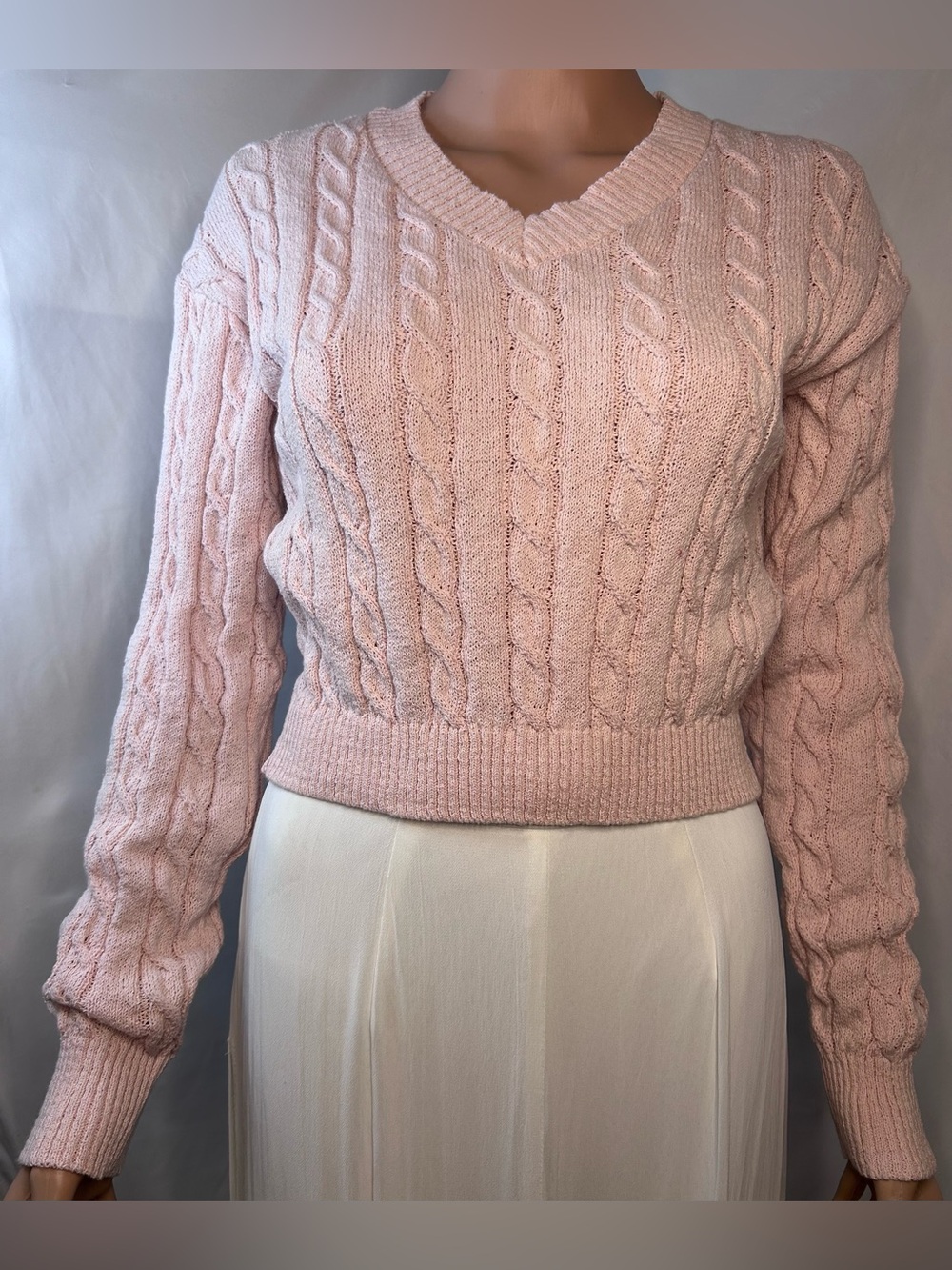 Cotton On Pale Pink Cable Knit V-Neck Sweater